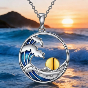 Collana con Pendente in Lega a Forma di Onda Sole Montagna in Smalto Stile Giapponese per Uomo Donna Set di Gioielli Tondi Cavi con Orecchini