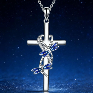 Elegante Collar Con Colgante de Cruz de Libélula Azul de Aleación Esmaltada Y Pendientes Joyería para Mujer Estilo Pastoral