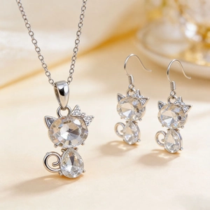 Detail shot of heart-shaped crystal cat pendant necklace and earrings jewelry set