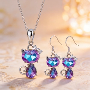 Cute Cat Heart Crystal Pendant Necklace Earrings Jewelry Set Alloy Animal Clavicle Chain For Women Girls Daily Gift