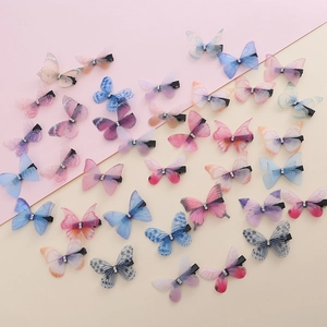 Colorful double-layer tulle butterfly hair clips set with rhinestones and metal duckbill clips