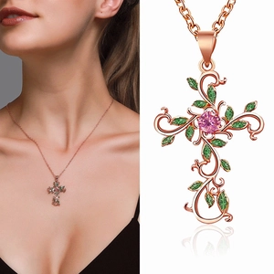 Vintage Alloy Enamel Vine Cross Pendant Necklace Pink Zirconia Rose Gold Silver Gold Floral Leaf Jewelry For Women