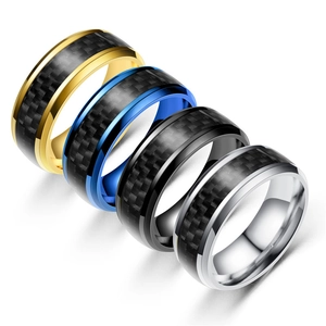 Men's Fashion Carbon Fiber Inlay Stainless Steel Ring Beveled Edge Band Black Gold Blue Silver Modern Minimalist Industrial Jewelry