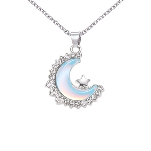 Blue opal crescent moon and star necklace with shimmering silver zircon accents