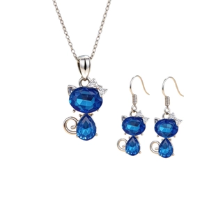 Elegant blue crystal cat shaped pendant necklace and matching earrings jewelry set