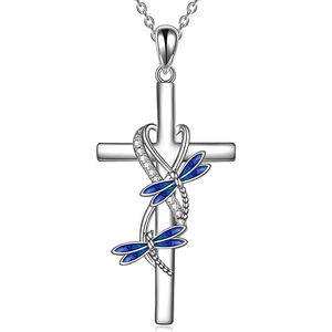 Collar de cruz con colgantes de libélula en esmalte azul y cristales en cadena de plata