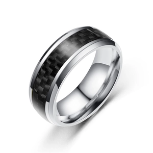 Polished silver stainless steel ring with a black carbon fiber inlay and beveled edges
