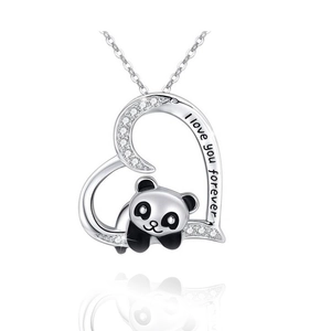 Panda heart necklace in silver finish with I love you forever engraving and crystals