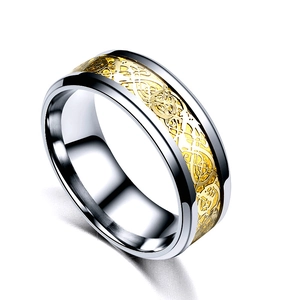 Men's titanium stainless steel ring featuring vintage golden dragon pattern and silver edges