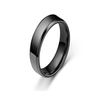 Polished black stainless steel ring with minimalist wide band and beveled edges