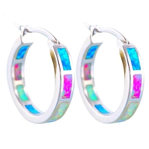 Close-up of silver hoop earrings featuring rectangular inlaid colorful opal gemstones