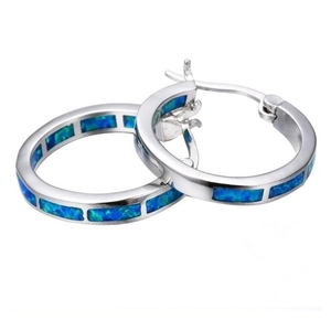 Elegant silver hoop earrings with lab-grown blue opal inlays for men and women