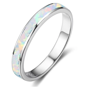 Detail shot of S925 sterling silver stamp and synthetic white opal inlay on ring band