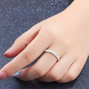 Minimalist silver ring with rectangular blue opal inlay for women wedding jewelry