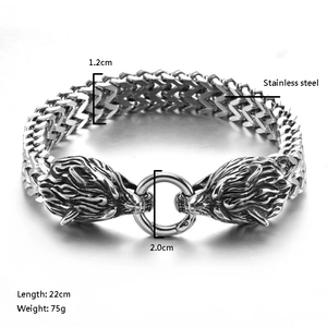 Détails du bracelet tête de loup viking en acier inoxydable avec double chaîne tressée