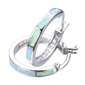Silver-tone hoop earrings featuring blue opal inlay and round white cubic zirconia stones