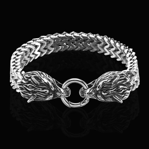 Bracelet Tête de Loup Viking Hommes Acier Inoxydable Alliage Double Chaîne Punk Hip Hop Nordic Vintage Bijoux Ton Argent