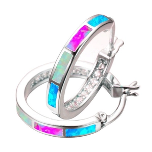 Polished silver hoop earrings featuring vibrant blue and multicolor opal inlay accents
