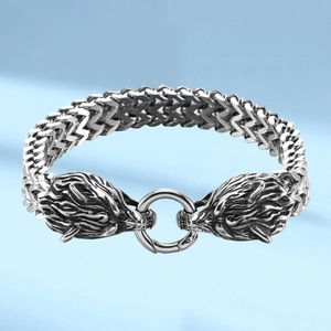 Bracelet loup viking nordique en acier inoxydable vieilli avec grosse chaîne tressée