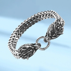 Bracelet Viking tête de loup en acier inoxydable pour homme avec design de chaîne