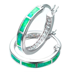 Silver round hoop earrings featuring green opal inlay and sparkling white cubic zirconia