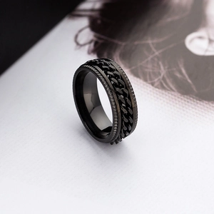 Mens matte black stainless steel rotatable chain ring with embossed gear edges