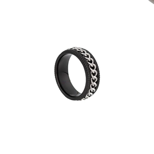 Industrial black titanium rotating chain ring with silver Cuban link inlay for men