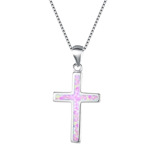 Elegante silberne Kreuzkette mit schillerndem lila Feueropal-Anhänger für Damen