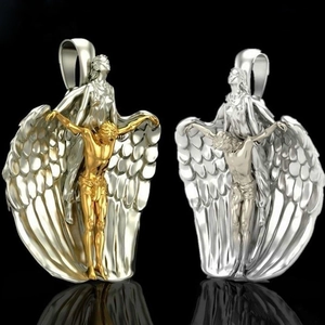 Polished angel cross pendant necklace in two-tone gold and silver finish with wings