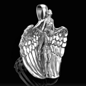 Polished silver angel cross necklace with wings sculpture on black reflective background