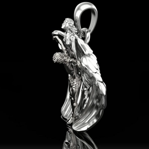 Silver guardian angel cross pendant necklace with detailed wings and holy relief carving