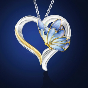 Two-tone heart pendant necklace featuring a 3D blue gradient butterfly and silver chain