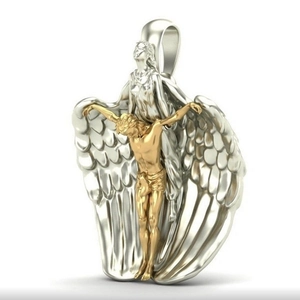 Religious angel holding crucifix cross pendant in silver and gold dual-tone finish