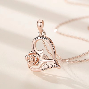 Rose gold heart pendant necklace with 3D rose and Forever love you engraving