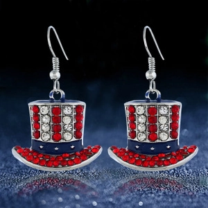 Detail of Uncle Sam top hat earrings with red white and blue crystals and stars