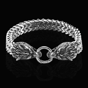 Detailed close-up of a punk silver double wolf head bracelet with woven tank chain links