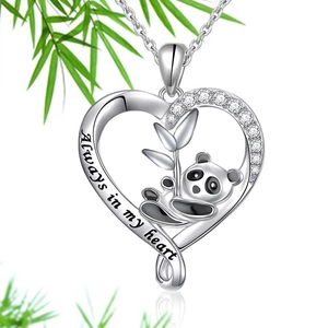 Silver panda heart necklace with zircon and 'Always in my heart' engraved pendant