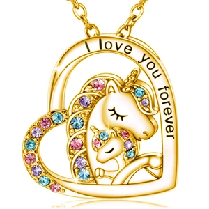 Detail of unicorn heart pendant with colorful rhinestones and I Love You Forever engraving