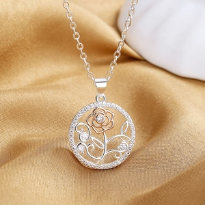 Silver-plated necklace with a rose gold floral pendant and white zircon accents