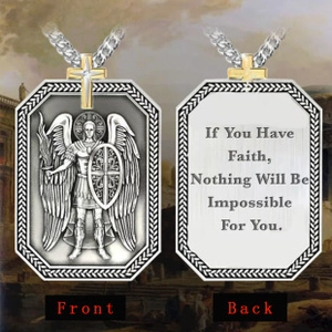 Detailed front and back views of St. Michael Archangel shield pendant with religious engraving