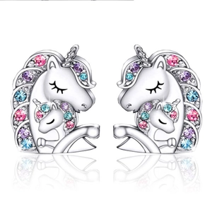 Unicorn stud earrings with colorful heart crystals and silver finish for women