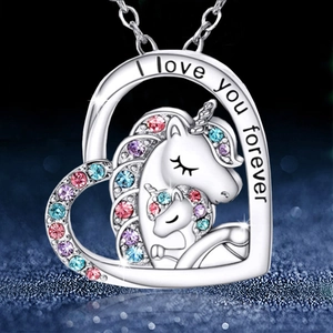 Fashion Alloy Colorful Rhinestone Mother Child Unicorn Heart Pendant Necklace For Women Girls Mother's Day Jewelry Gift