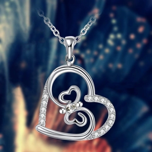 Elegant silver heart butterfly pendant necklace with zircon stones and marquise-cut center