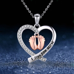 Heart-shaped pendant necklace with baby footprints and I Love You MOM engraving