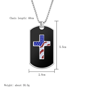 Men's dog tag necklace with American flag cross pendant and size specifications