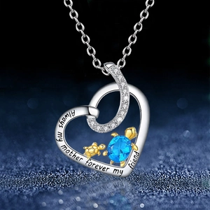Collier cœur tortue avec pierre bleue et gravure Always my mother forever my friend en argent