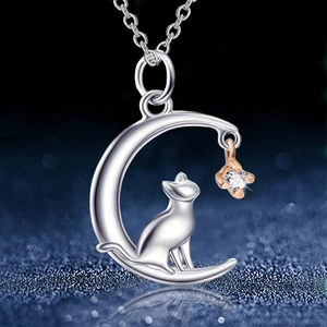 Fashionable moon and cat pendant necklace with rose gold zircon on a silver crescent chain