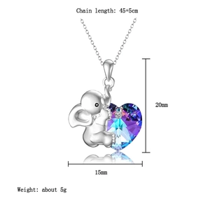 Silver elephant necklace with heart shaped crystal pendant for women with size labels