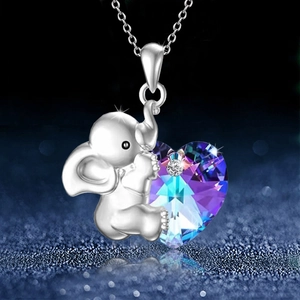 Elephant necklace with heart shaped purple crystal pendant in silver finish