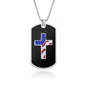 Men's stainless steel dog tag necklace featuring an American flag cross pendant and box chain